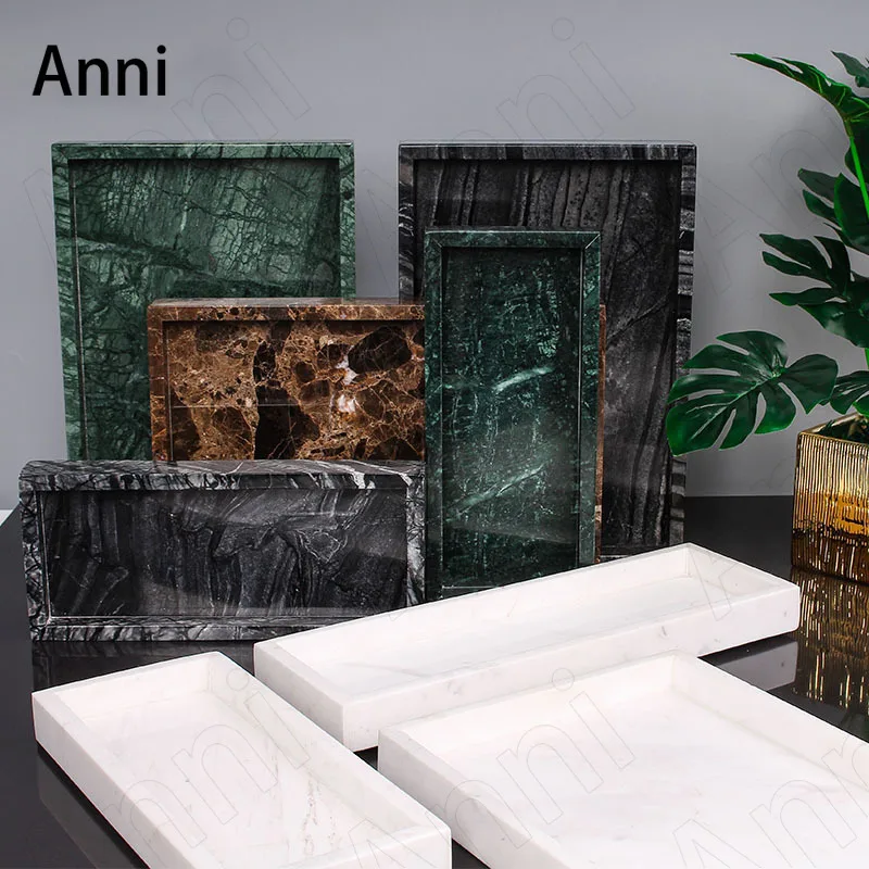 

Nordic Modern Natural Marble Trays Decorative Creative Golden Handle Rectangle Bathroom Toiletries Storage Tray Home Decoration