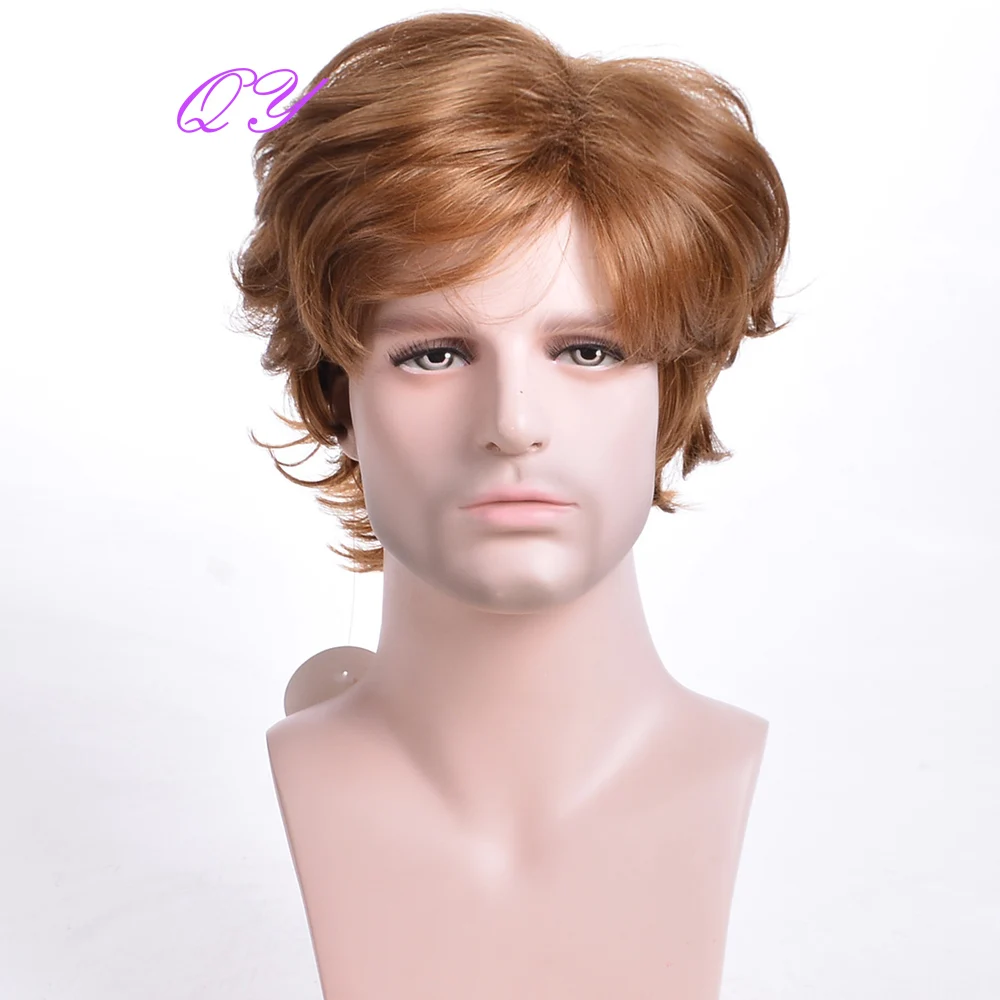 Synthetic Men Wig  Brown Curly  With Bangs Wigs Medium Length Cosplay Or Party Natural Fashion Male Hair