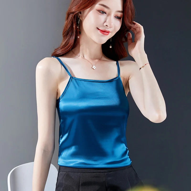 

shintimes New Silk Top Women Clothes 2022 Summer Tank Top Vintage Ladies Tops Basic Cami Sleeveless Camisole Camis Haut Femme