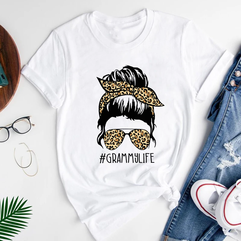 

Leopard Skull Grammy Life T-shirt Funny Messy Bun Grandma Tee Shirt Top Vintage Mother's Day Gift Tshirt