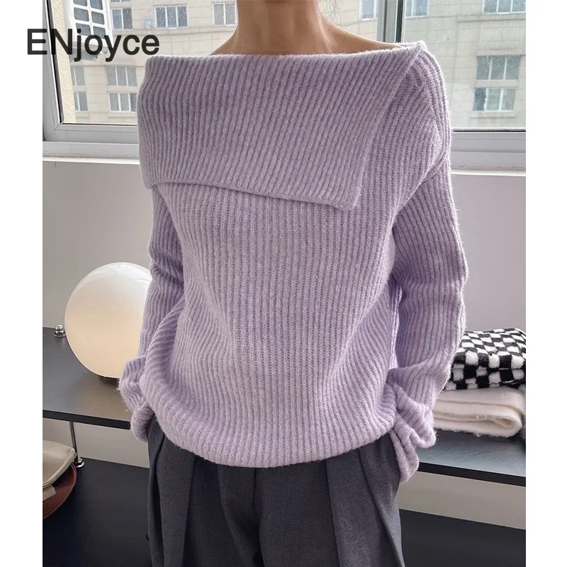 

Autumn Winter Women Wool Big Lapel Knitted Pullover Ladies Elegant Sweater Korean Fashion Off-shoulder Loose Knitwear