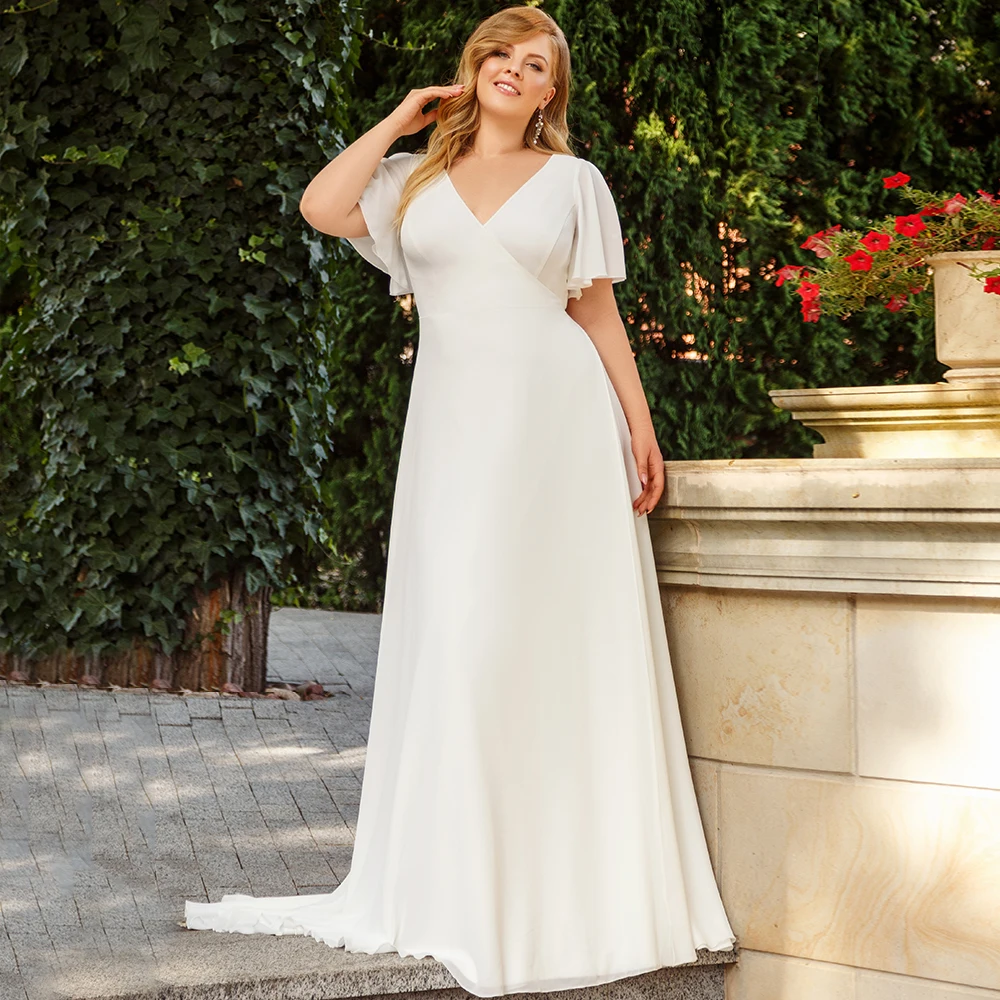 Elegante A-Line Chiffon Plus Größe Hochzeit Kleid Bodenlangen Sweep Zug Kurzarm V-ausschnitt Zipper Zurück Brautkleider