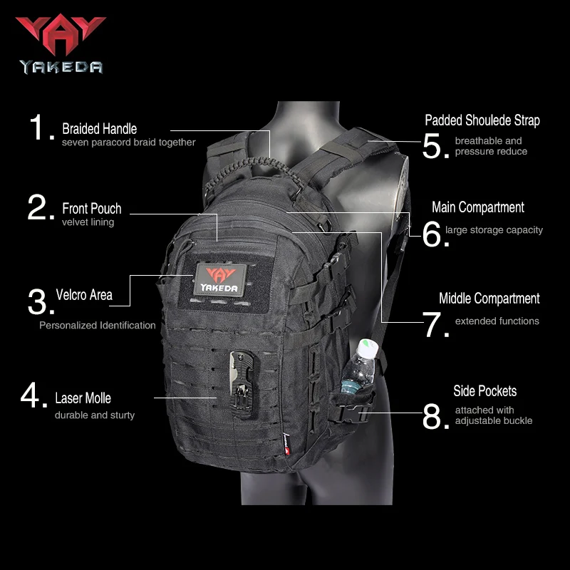 YAKEDA new polyester fabric laser cutting tactical outdoor military backpack