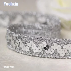 2CM Wide HOT Sequin Silver Embroidery Flower Lace Fabric Trim Ribbon DIY Sewing Applique Collar Cord Wedding Dress Guipure Decor