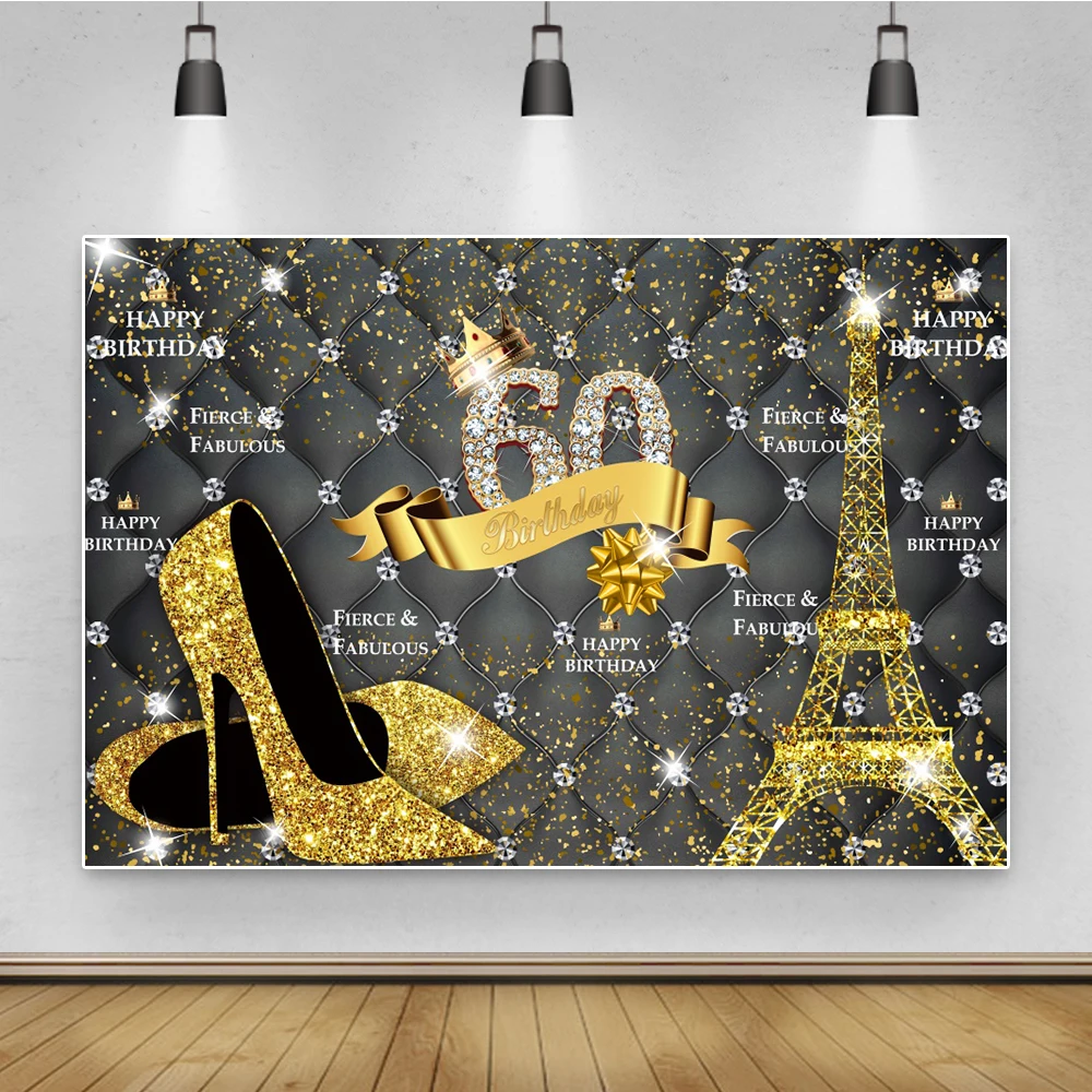 Photo Background Happy Fabulous Women's Birthday Party Golden High Heels Dots Feather Poster Photographic Backdrop Photo Studio
