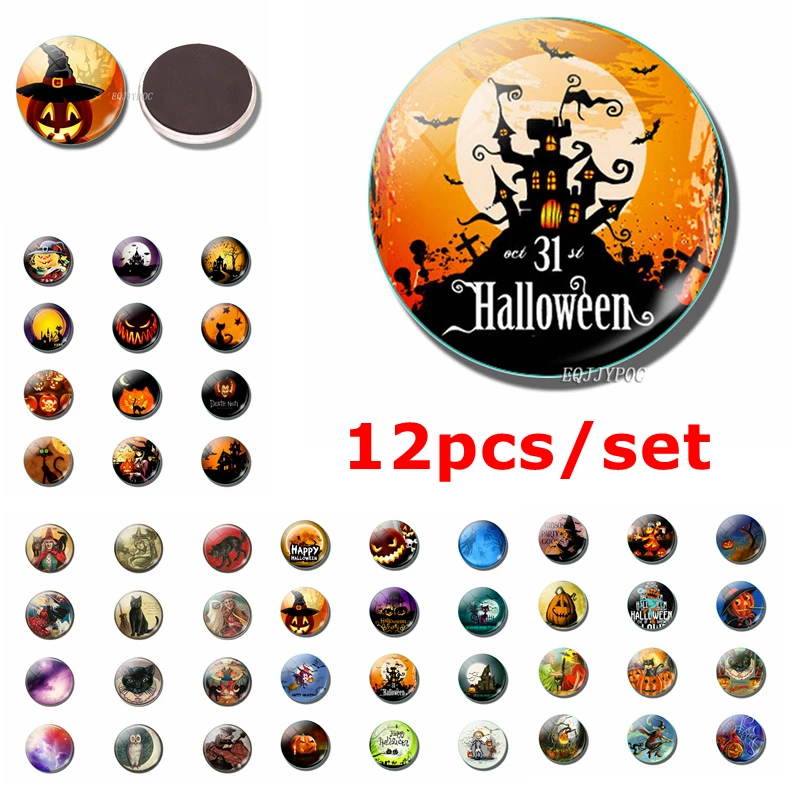 

12Pcs Halloween Theme Refrigerator Sticker Glass Dome Pumpkin Witch Magnetic Sticker Halloween Home Decoration Fridge Magnets