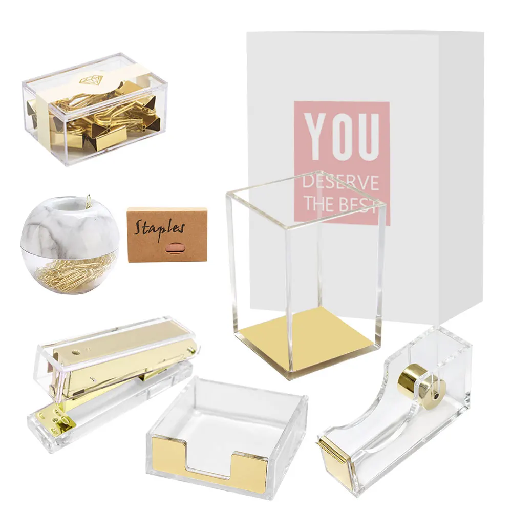 Transparent Desktop Accessories Acrylic Gold Office Supplies Stationary Desk Set