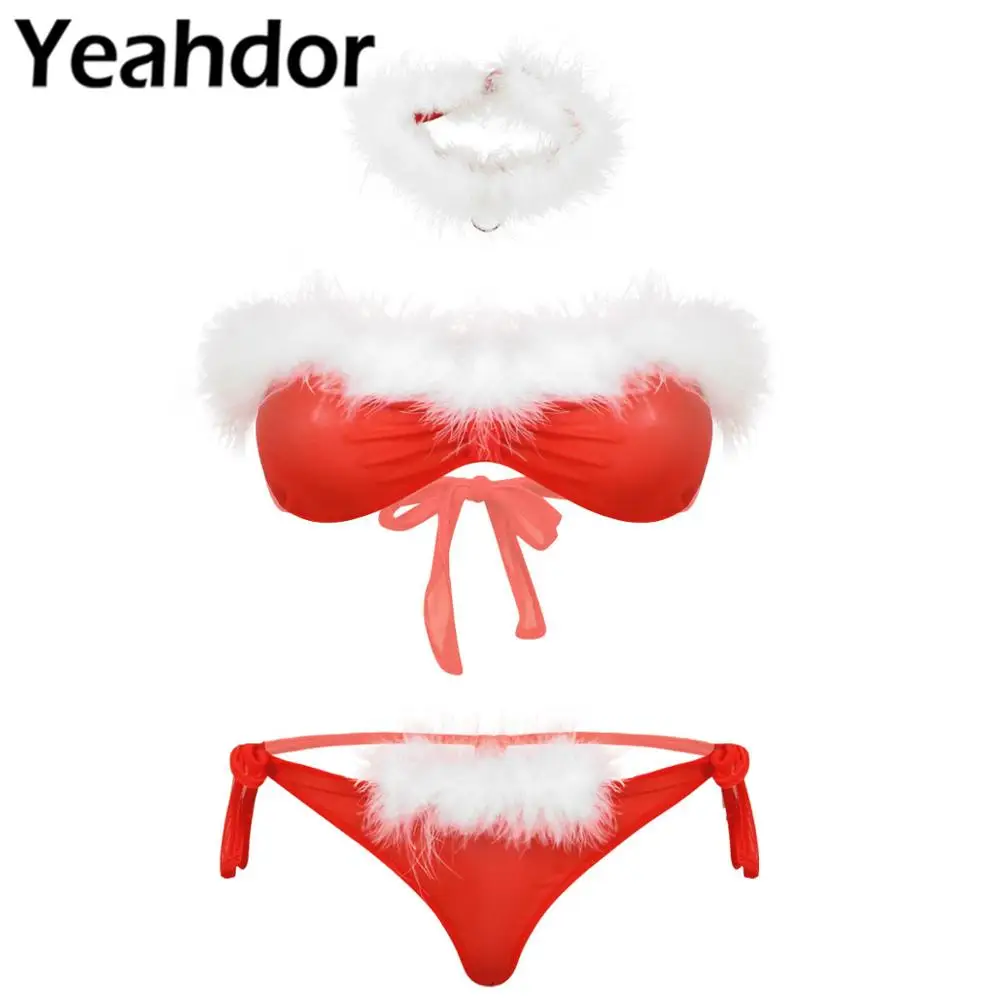 3Pcs Womens Sheer Mesh Santa Costume Christmas Lingerie Set Strapless Feather Trim Bra Top with Tie Side Briefs Underwear Choker