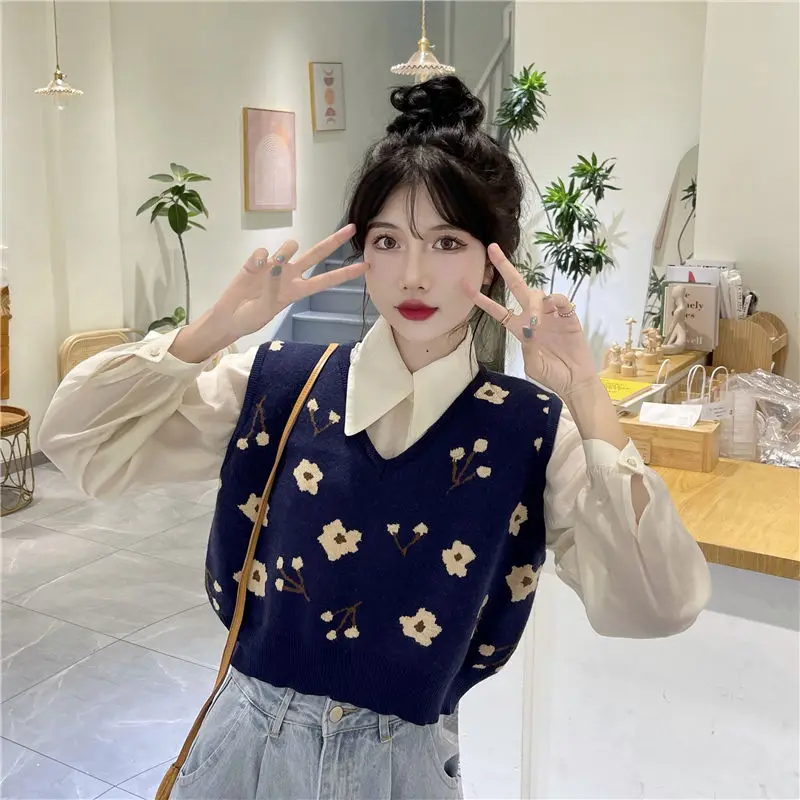 Sweater Vests Women Retro All-match Girls Flower Cropped Tops Outwear V-neck Sleeveless Fashion Ulzzang Chic Streetwear Knitted