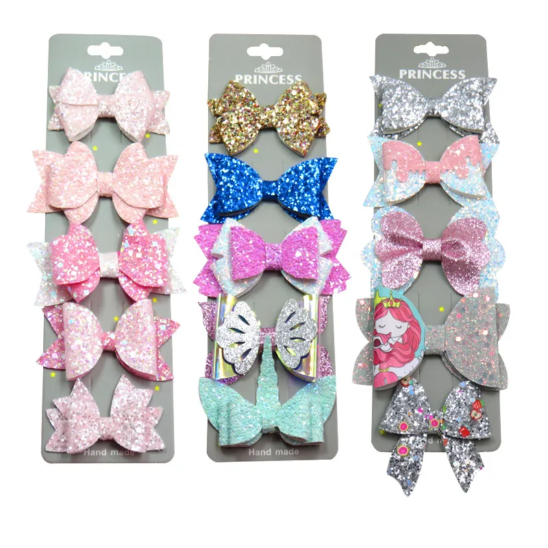 5PCS/SET Cute Shiny Elegant Baby Girls Clip Leather Bow Child Tie Knot Creativity Handmade Hairpins Hair Accessories For Kids