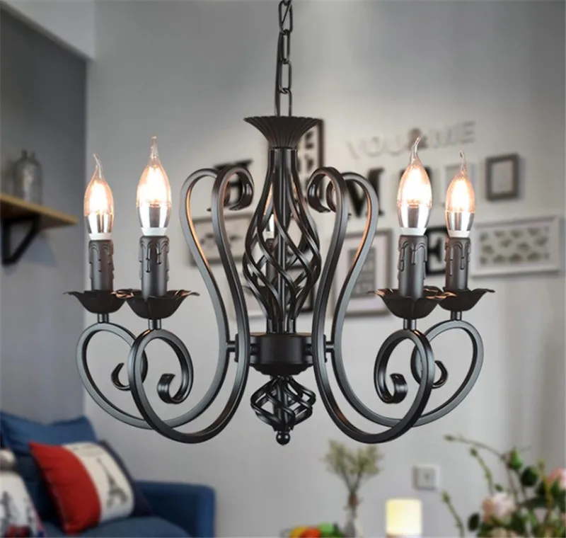 Industrial lustre chandelier wrought iron E14 candle light chandeliers vintage candlestick retro black white hanging lamp