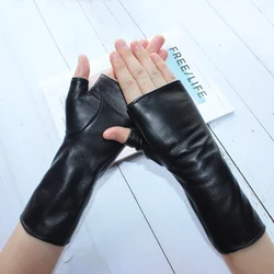 Gants longs en cuir véritable pour femmes, mode, noir, peau de mouton, pour l'extérieur, sans doigts, printemps et automne