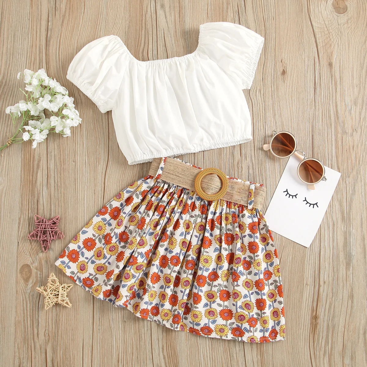 

Kids Girls Clothing Sets Summer Children Sets Fashion Girls Clothes Suit Square Collar Tops Floral Skirts Belt Toddler Outfits