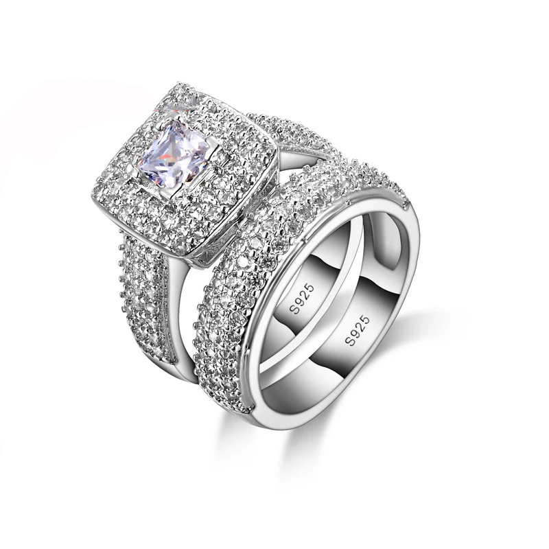 קוריאני מגמת CZ קריסטל Bijoux תכשיטי יוקרה 925 כסף חתונת טבעות אירוסין סטי ליידי טבעת למסיבה