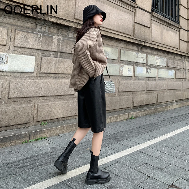 QoerliN S-3XL Autumn PU Leather Shorts Women\'s Casual High Waist Wide Leg Half Trousers Korean Outerwear Loose Straight Shorts