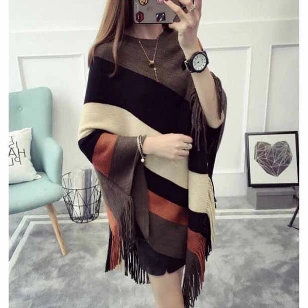 Pull Femme Autumn Winter Women Tassel Knitted Sweater Poncho Sexy Striped V Neck Irregular Hem Casual Loose Pullover Jumper Red