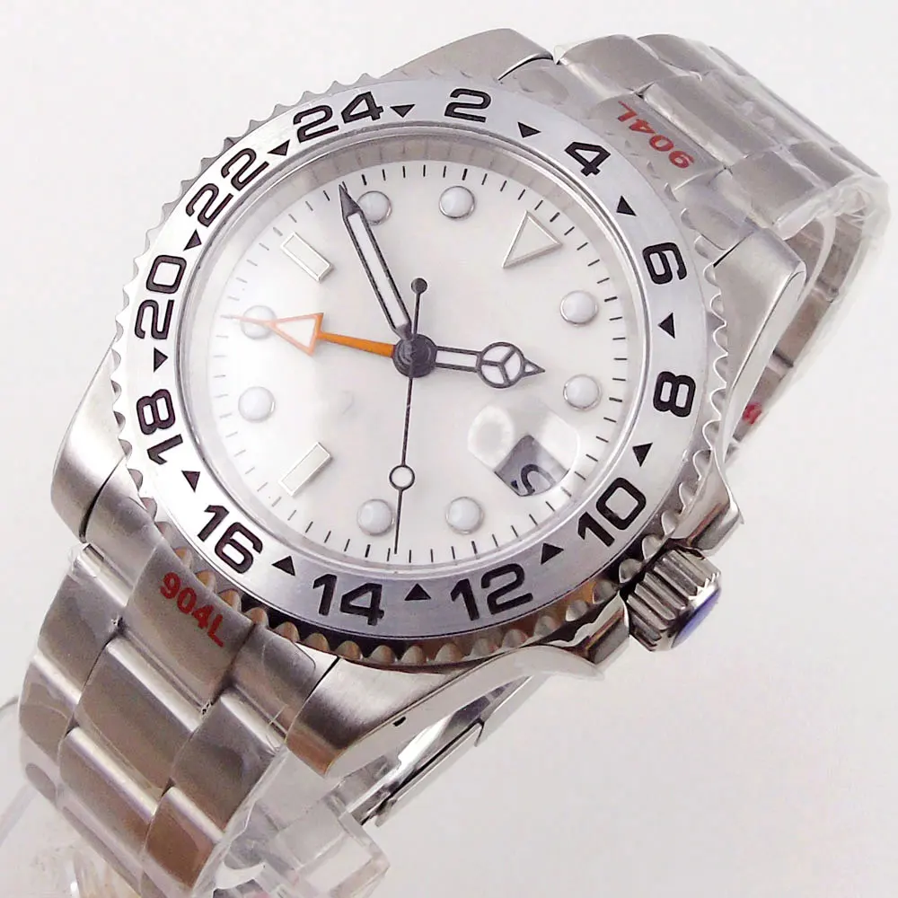 40mm Business Orange GMT Selfwinding Men Watch White Dial Alloy Silver Insert Oyster Band Glide Lock Clasp