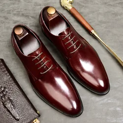 Elegant Men Genuine Leather Oxford Wedding Business Mens Dress Flats Shoes 2020 Back Burgundy Vintage Pointed Shoes For Men