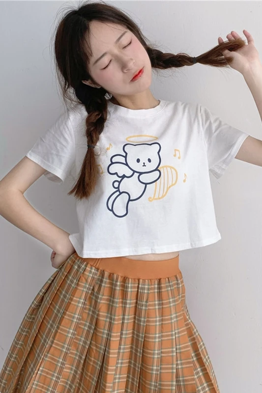 Weet-uniforme universitario japonés jk, camiseta de manga corta de cintura alta con ombligo corto de oso de dibujos animados, Tops para mujer, camisa escolar para niña