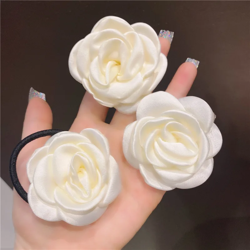 New Women Scrunchies Hair Ties Satin Rose Elastic Rubber Bands Girls Camellia Handmade Flower Korean Head Accessories Headdress