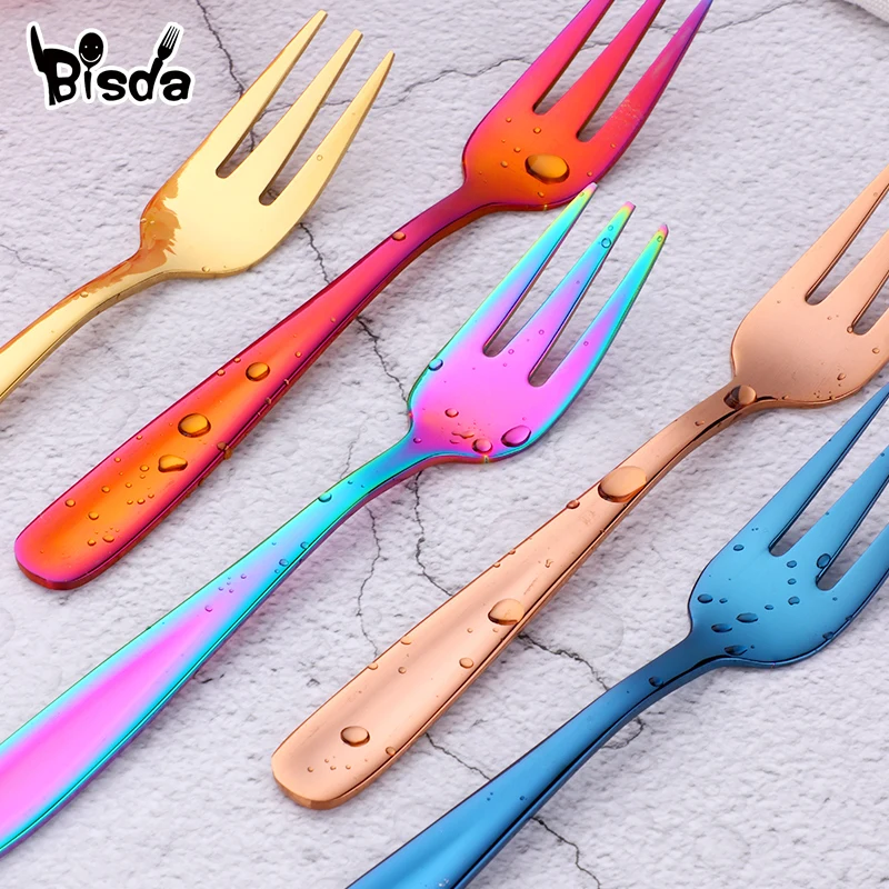 1Pc Fruit Fork  stainless Steel Small Forks For Dessert Rainbow Small Tea Fork Gold Mini Forks for Cake Colorful Dinnerware