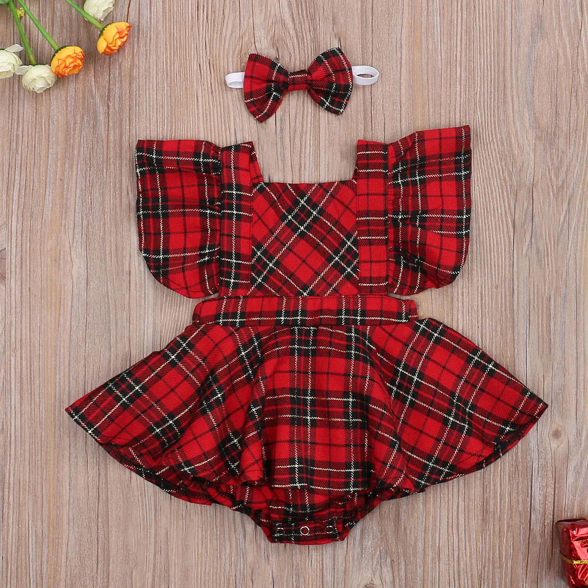 Xmas 0-24M Baby Girls Boys Rompers Dress +Headband Plaid Print Ruffles Short Sleeve Backless Jumpsuits