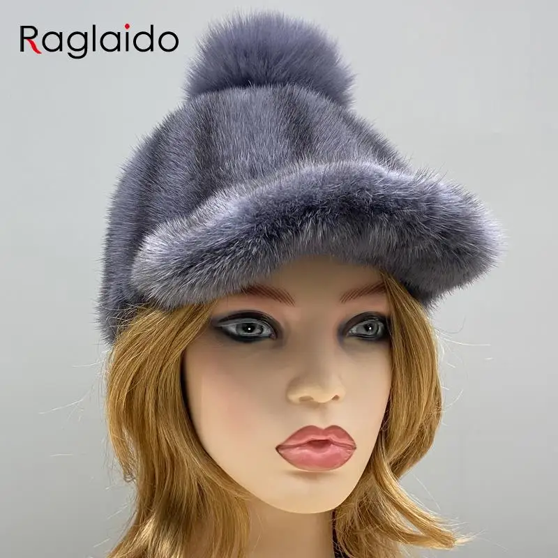 

Natural Mink Fur Hat Brim Baseball Cap Fox Fur Pompom Women Winter Elegant Stylish Warm Caps