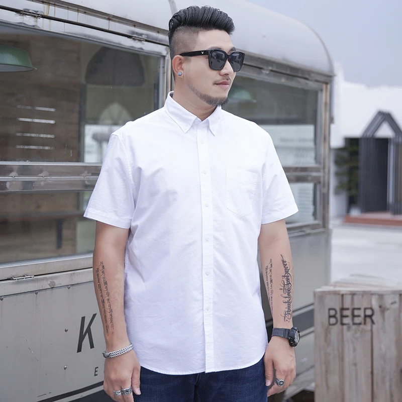 SHAN BAO 5XL 6XL 7XL 8XL 100% Cotton Oxford Shirt 2022 Summer High Quality Men\'s Casual Loose Solid Color Short Sleeve Shirt