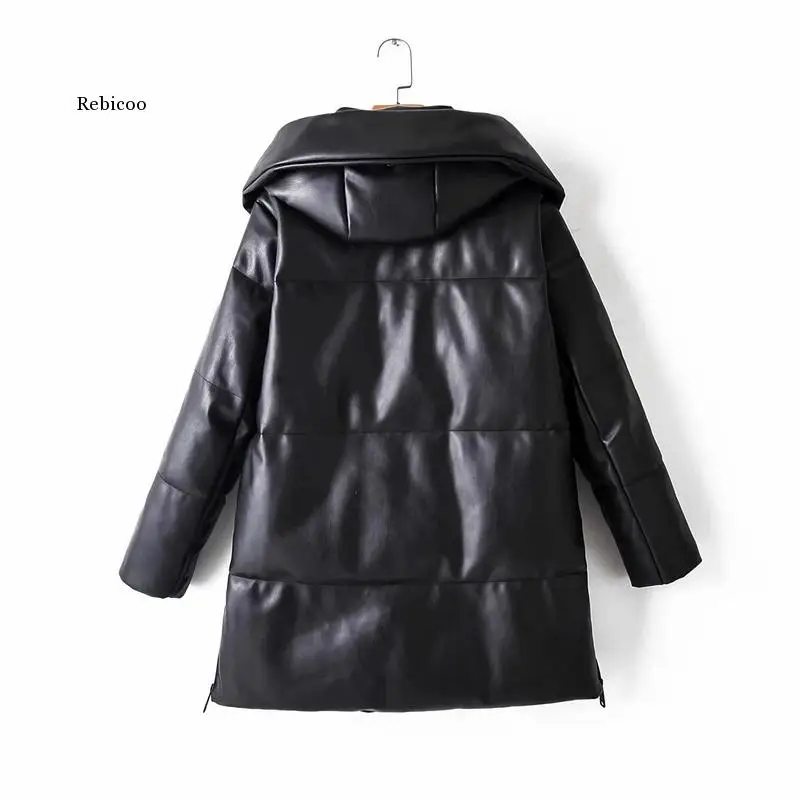 Solid Pu Leather Cotton Jacket Hooded Women\'s Fashion Leather Long Coats Ladies Waterproof Thick Jackets Female Winter