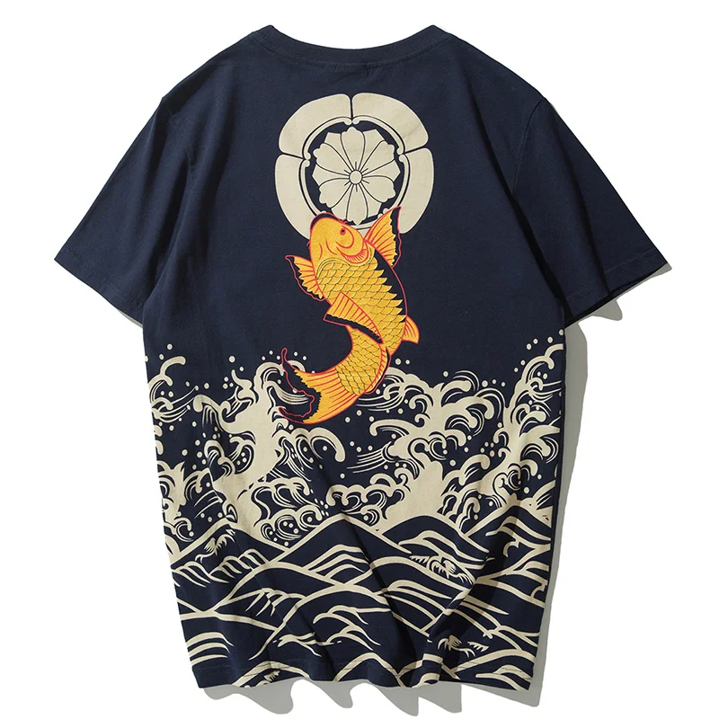 Ukiyo Japanese Tattoo T-shirt Mens Wave Fish Print T shirt Koi Carp Painting T Shirts Casual Cotton Short Sleeve Tops Tees