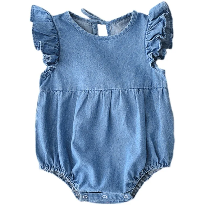 Baby Girls Fashion Denim Romper Summer Lace Sleeve Romper Soft Jumpsuit Infant Summer Clothes