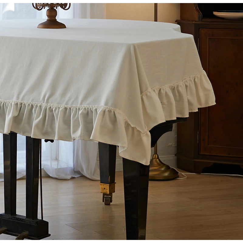 Medicci Home Triangle Piano Dust Cover Nordic Cotton Linen Textured High Grade Ruffle Edge Pure White Piano Stool Cover Top Chic - view 6