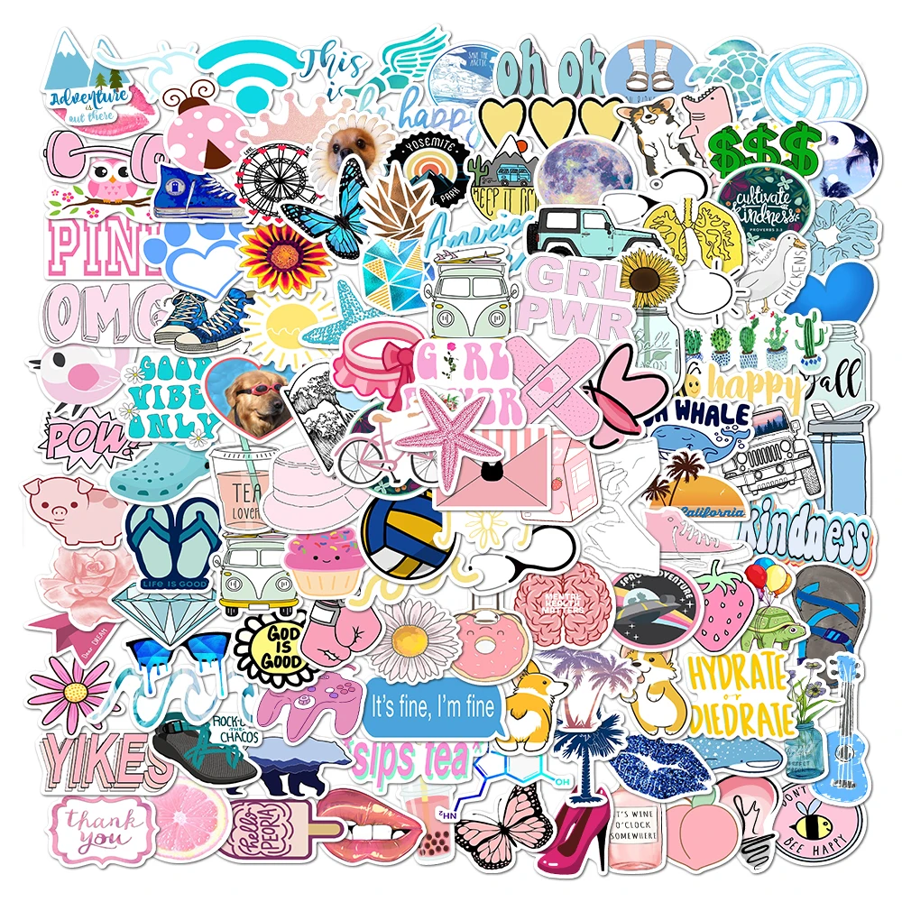 150pcs Pack Blue Pink Vsco Style Stickers For Skateboard Guitar WaterBottle Motorcycle Laptop Waterproof  kids Teens Sticker Toy