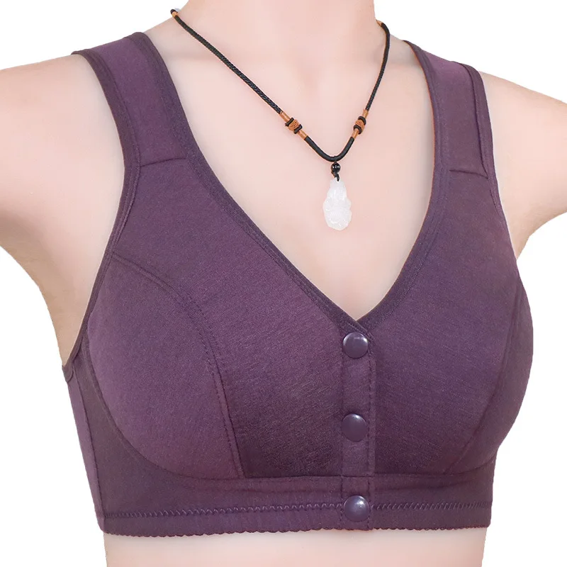 NY37 New ladies soft cotton vest-style middle-aged and elderly glossy large size no steel ring front buckle bra underwear