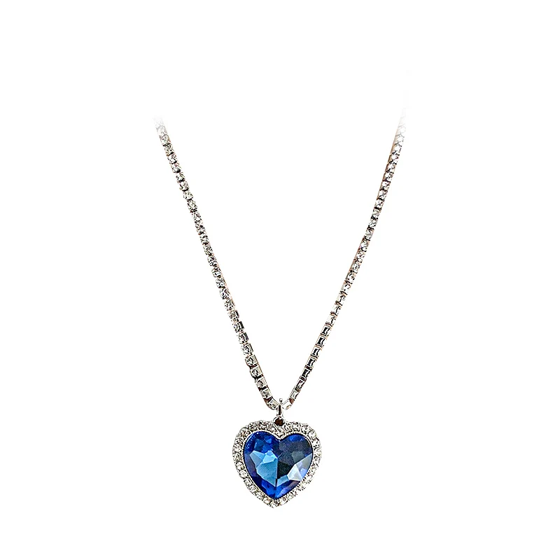 Big Crystal Heart Pendant Necklace For Women Full Rhinestone Necklace Titanic Heart Of Ocean Blue Heart Love Forever Jewelry