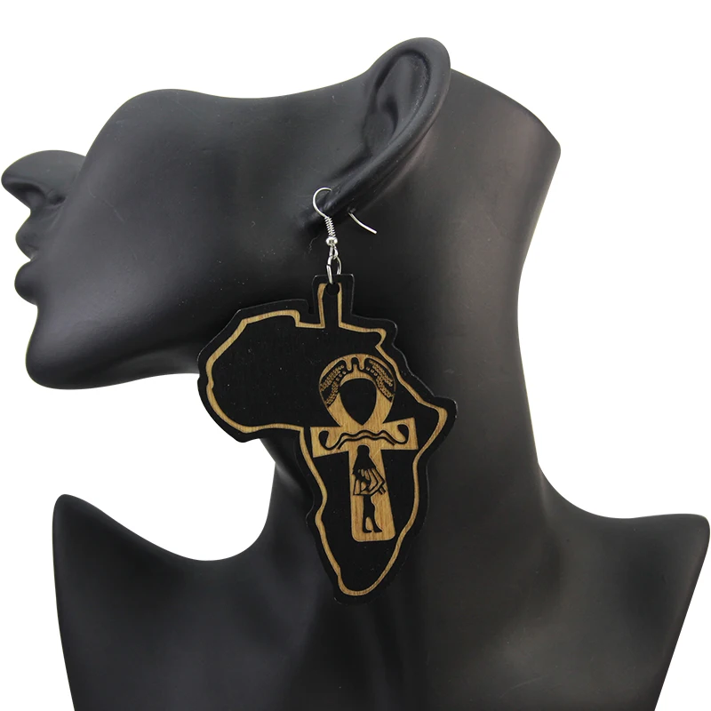 SOMESOOR Afro Ankh Cross Laser Carved African Map Wood Drop Earrings Black Jesus Afrocentric Ethnic Ear Jewelry For Women Gifts