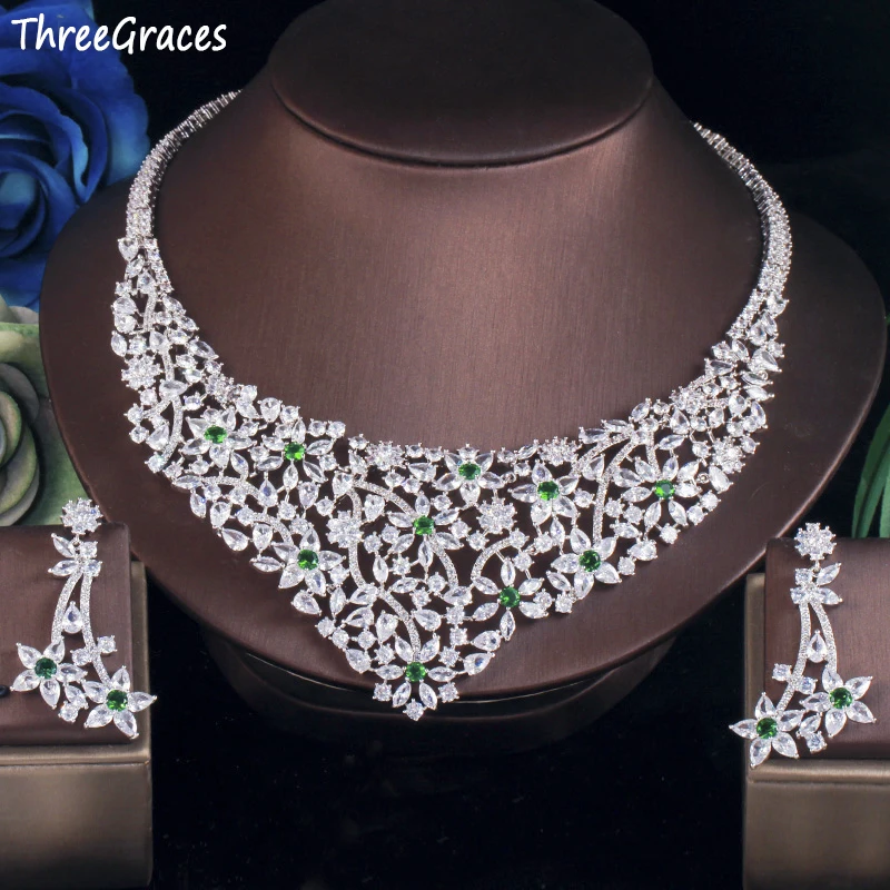 ThreeGraces Luxury Green CZ Stone Elegant Jewelry Flower Necklace and Earrings Set for Women Wedding Bridal Jewelry Sets TZ546