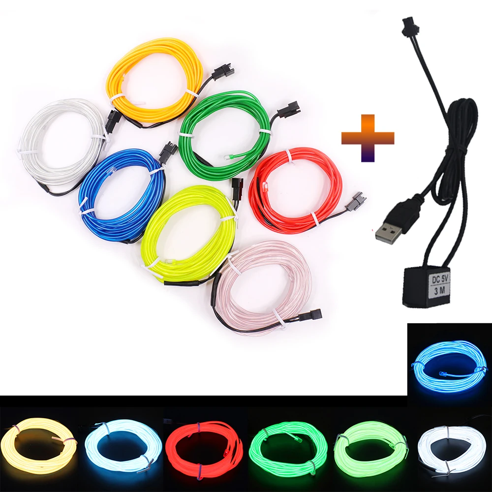 1M 3M 5M 5V USB EL Wire Flexible Glow EL Wire Tape Tube Strip LED Neon Lights Shoes Clothing Car Waterproof Led Strip 2019 New