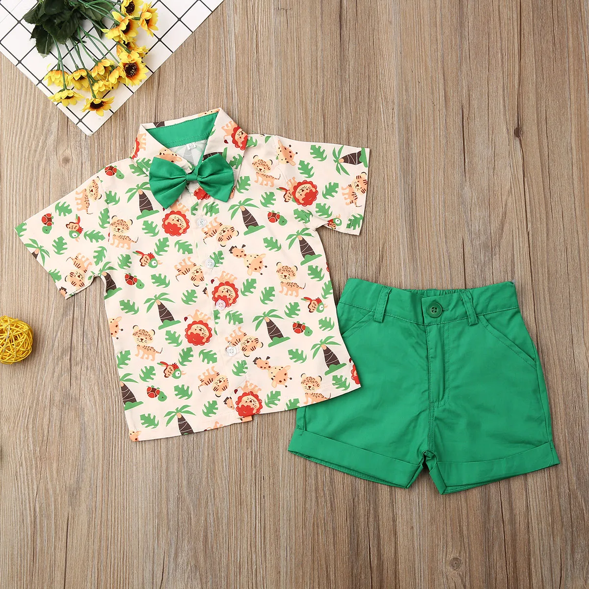 2Pcs Toddler Kids Baby Boy Gentleman Formal Suit Lions Tee Shirt Short Pants Formal Costume Children Boy Xmas Clothing