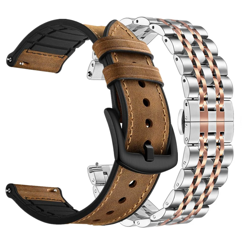 Band for Samsung Galaxy Watch Active2 40mm 44mm 20mm 22mm Solid Stainless Steel and Leather Strap for Galaxy Watch 46mm Bracelet