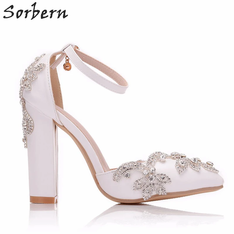 Sorbern-zapatos de tacón alto con cristales para mujer, calzado con punta puntiaguda y correa en el tobillo, tacones de dos piezas con diamantes de imitación, para novias