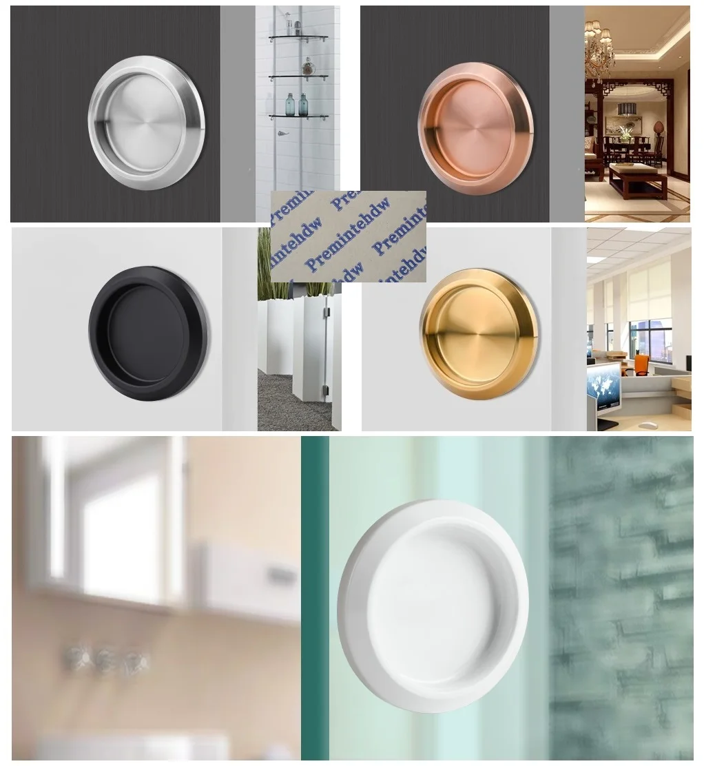 Stainless Steel Round Finger Pull For Sliding Glass Wooden Door Surface Stick Mount Rose Gold Matte Black White