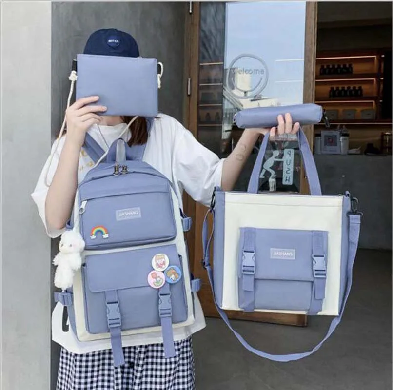 Korean New Fashion Waterproof Oxford Double Zipper Shoulder Bags Large Capacity Travel Backpacks Student School Bag 4pcs/set