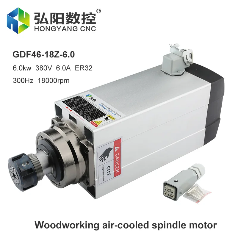 CNC Spindle Motor 6.0kw ER32 Air-Cooled Spindle Motor Without Mounting Flange 300Hz 4 Bearings, Used For CNC Router Engraving