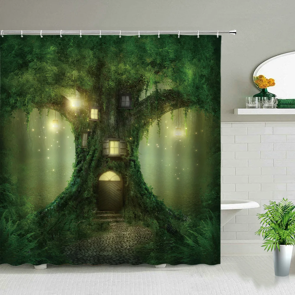 Beautiful Wing Elves Girl Shower Curtain Fantasy Enchanted Forest Bathroom Decor Deer Mushroom Flower Backdrop Hanging Curtains