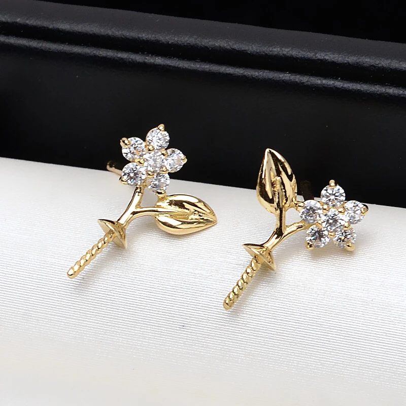 Flower Genuine AU 750 18K Gold Earrings Mountings Findings Jewelry Settings Accessories Parts for Pearls Agate Coral Crystal