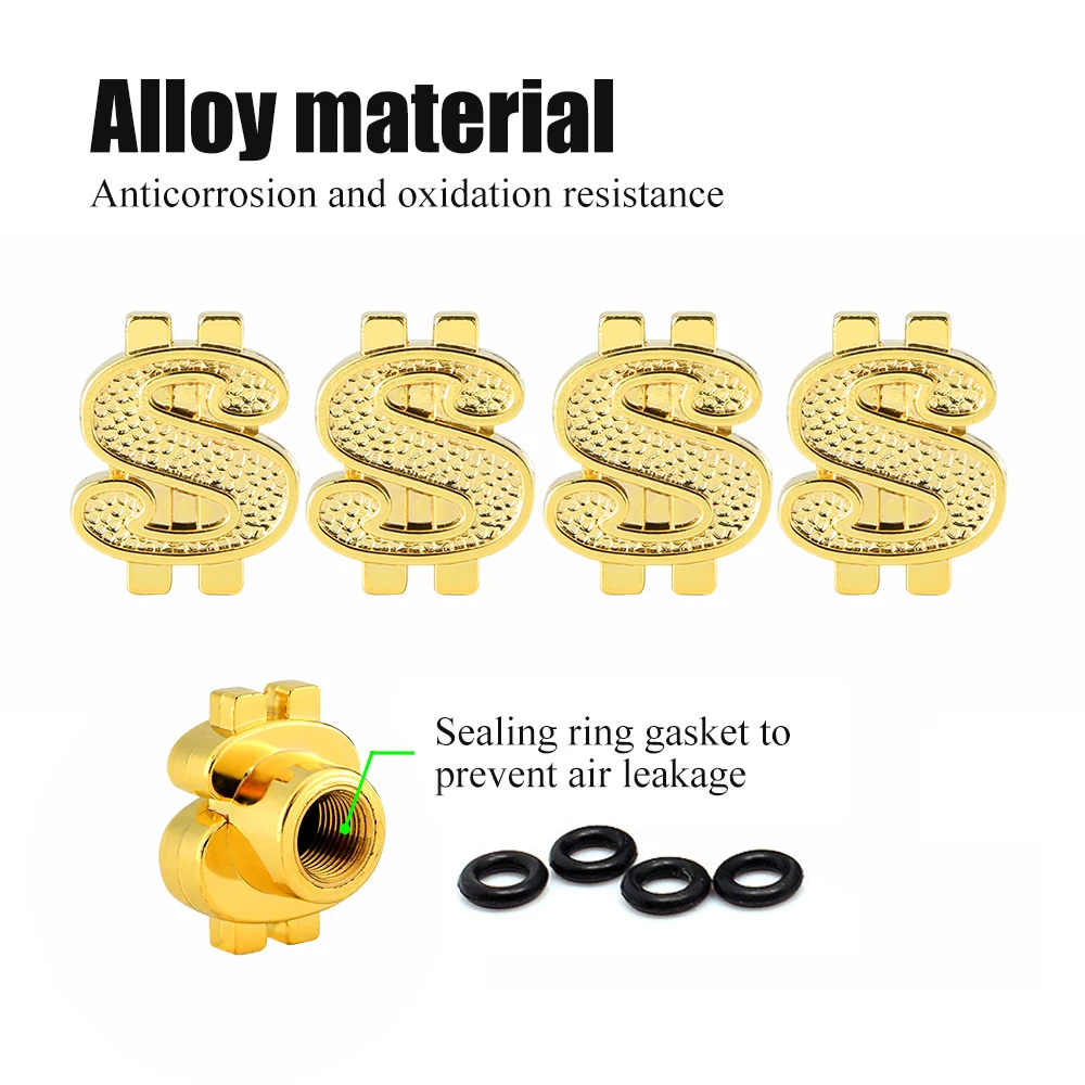 AUTCOAT 4Pcs/Set Universal Car Moto Bike Dollar Symbol Wheel Tire Air Stem Valve Cap Dust Cover Car Styling