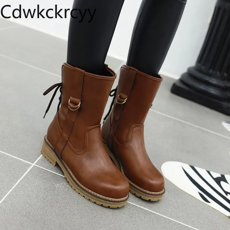 winter The New fashion Round head Thick bottom boots British style Handsome Plus velvet Keep warm High heel Women boots