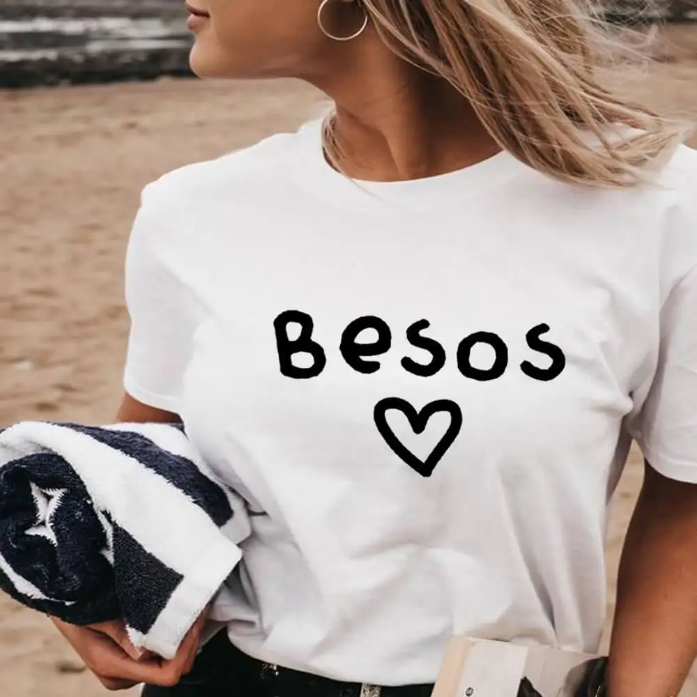 Besos Heart Love 100%Cotton Women Tshirt Spanish Summer Casual O-Neck Short Sleeve Top Valentine's Day Shirt Gift For Her