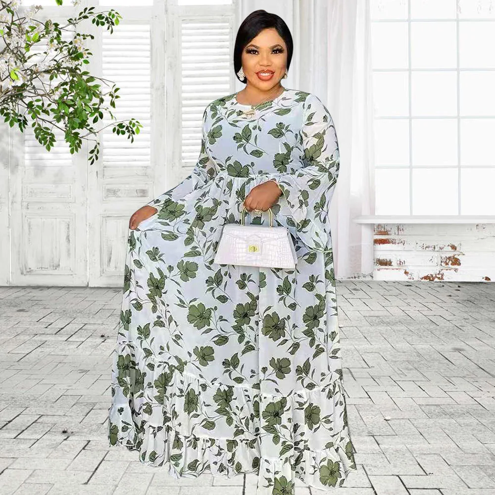 Spring Chiffon Long Flare Sleeve African Dresses For Women Fashion Green Floral Printed Africaine Robe Maxi Dress